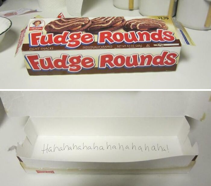 Empty Fudge Rounds box with "Hahahaha!" inside, illustrating funny pregnancy situations.