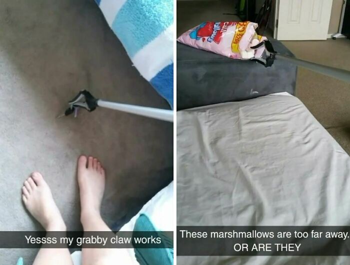 Pregnant person using a grabber to reach marshmallows on the couch, showcasing funny pregnancy situations.