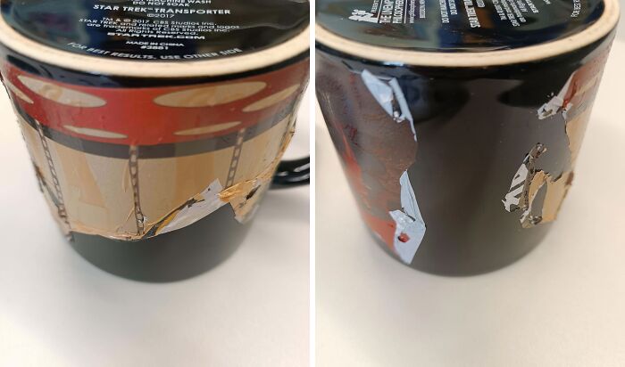Damaged mug with peeling design, exemplifying disappointing presents and gifts.