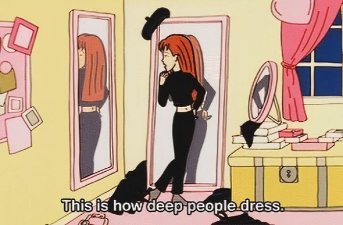 Cartoon woman in black outfit, 1990s style, looks in mirror with caption "This is how deep people dress."