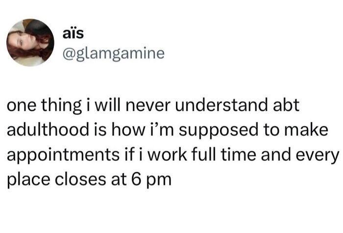 Sarcasm post about adulting challenges with scheduling appointments while working full time.