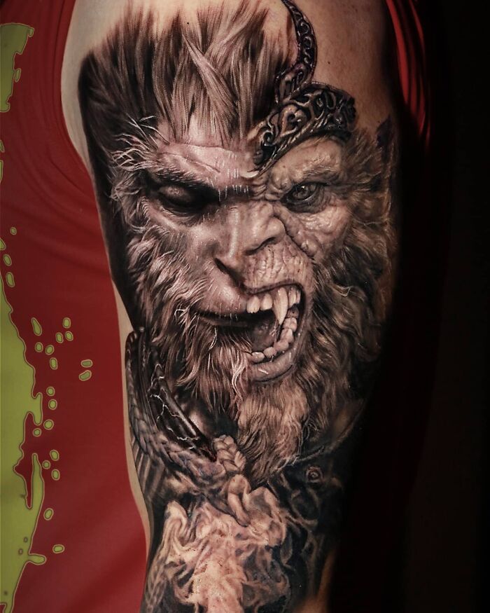 Realism tattoo of a fierce creature showcasing incredible detail and precision in ink art.