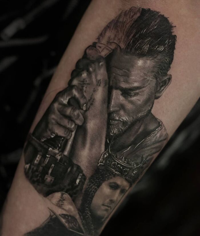 Realism tattoo depicting a detailed knight portrait on an arm, showcasing mastery of ink illusion.