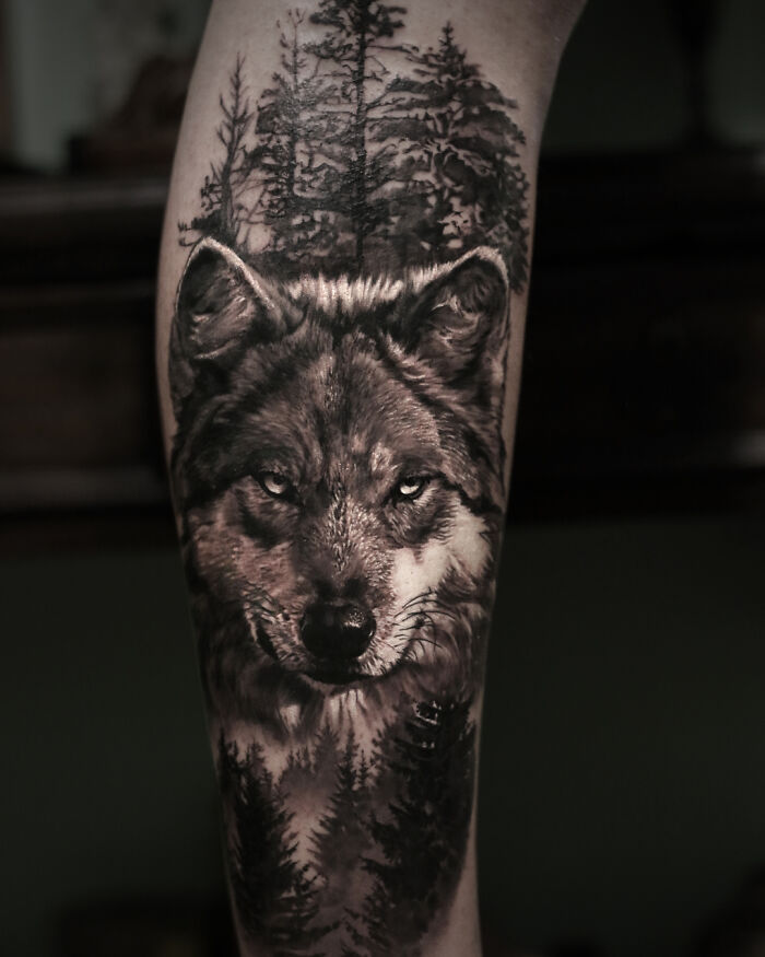 Realism tattoo art of a wolf and trees, showcasing intricate ink details and illusion.