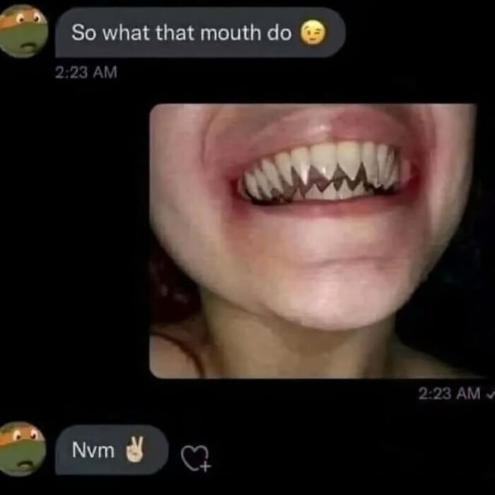 Funny text exchange fail showing a humorous response to sharp cartoon teeth image.