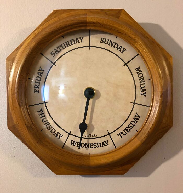 Wooden day clock set to Wednesday, a funny trolling Christmas gift idea.