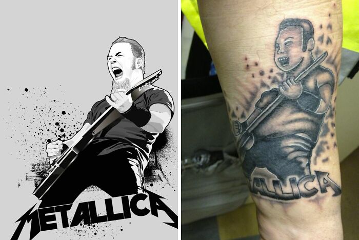 Bad tattoo of guitarist mimicking original Metallica design, illustrating tattoo fails worth a cringe.