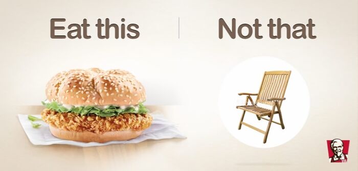 KFC humorous post showing a chicken sandwich next to a chair, with text "Eat this" and "Not that."
