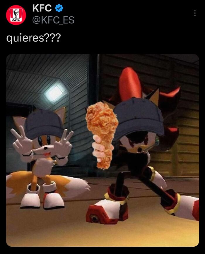 KFC's funny social media post with cartoon characters wearing hats, one holding fried chicken.