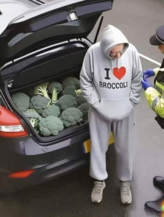 Man in "I love broccoli" hoodie with a car trunk full of broccoli, talking to a police officer; funny social media moment.
