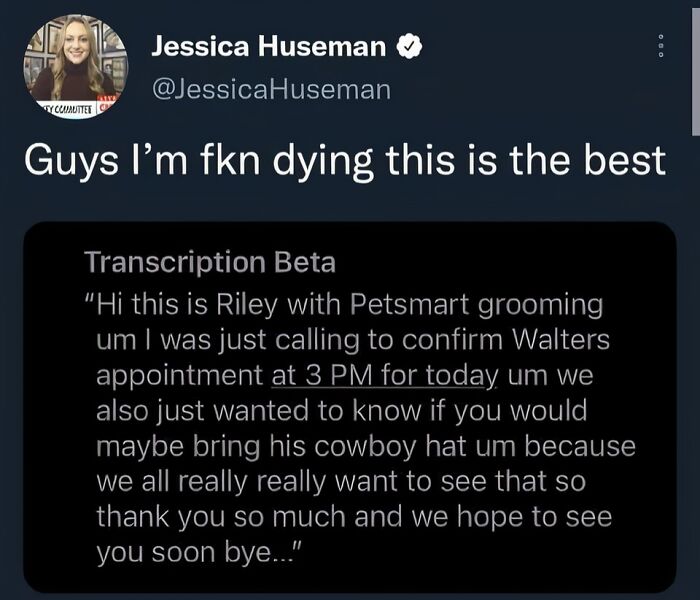 Funny social media post about a dog's grooming appointment and cowboy hat request from PetSmart.
