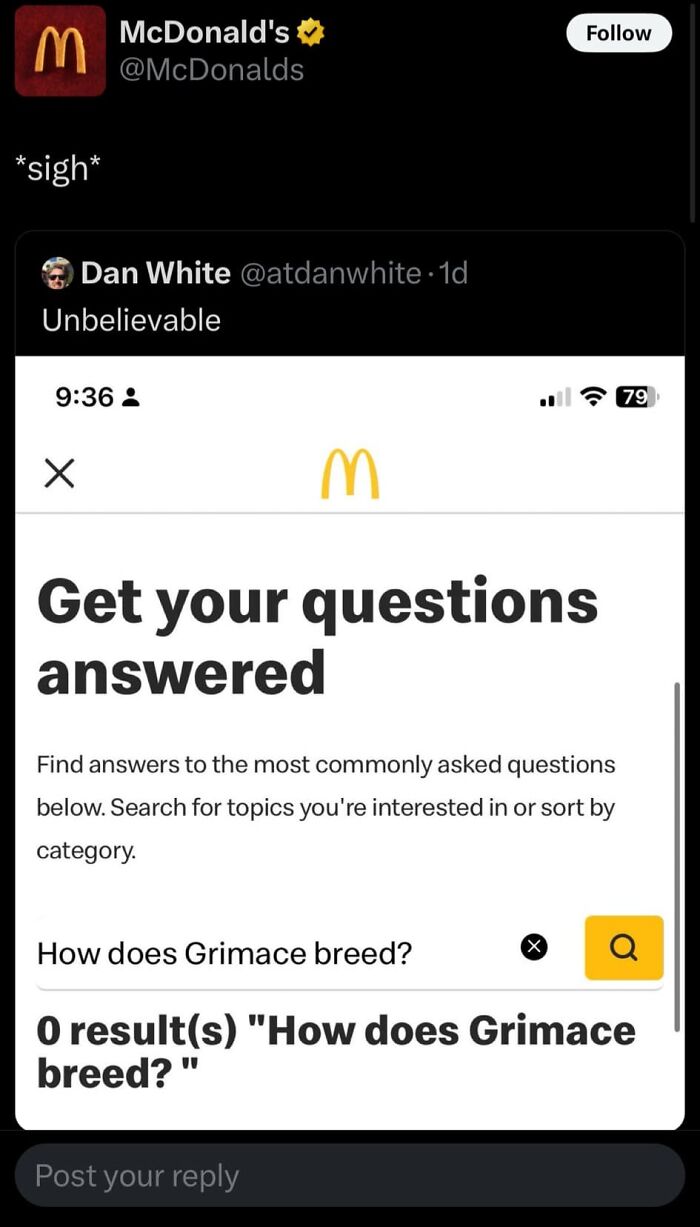 McDonald's funny social media post about Grimace breeding question with zero results.