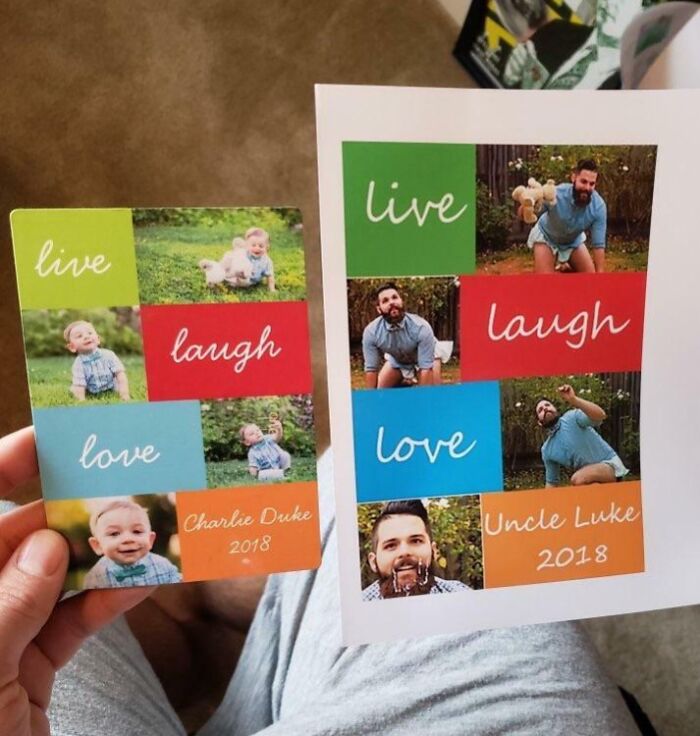 Funny Christmas gift photo comparison with “live, laugh, love” theme featuring an adult mimicking a child.