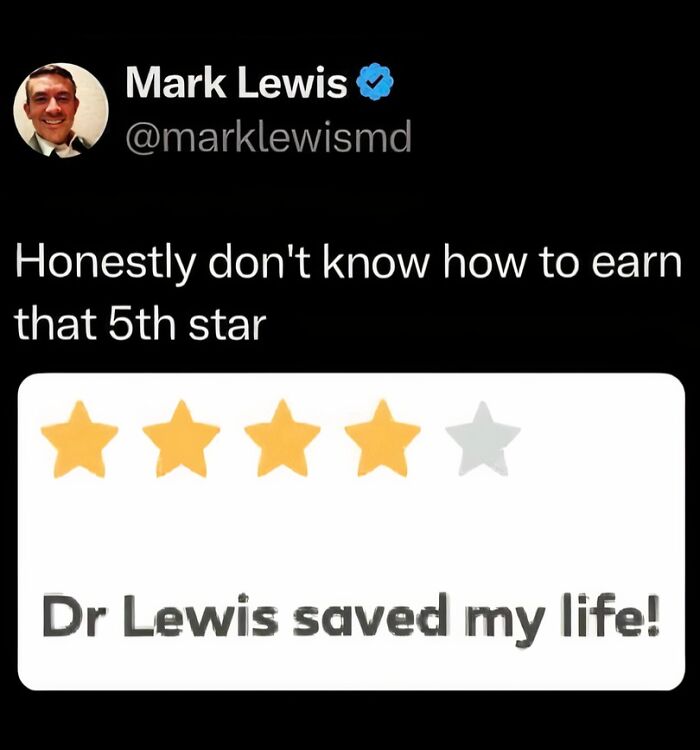 Official social media account posts humorous review with four stars, captioned "Don't know how to earn that 5th star."