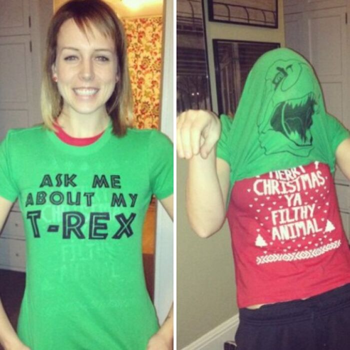 Two people wearing humorous Christmas T-shirts with funny messages.