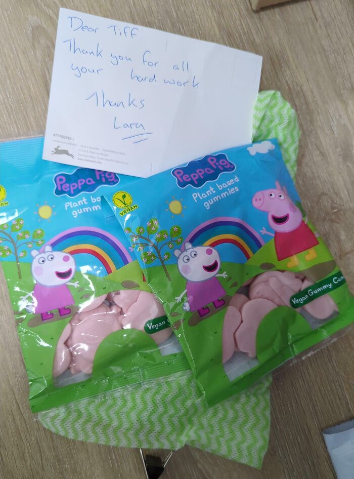Gifts of Peppa Pig gummies with a thank you note, possibly viewed as disappointing presents.