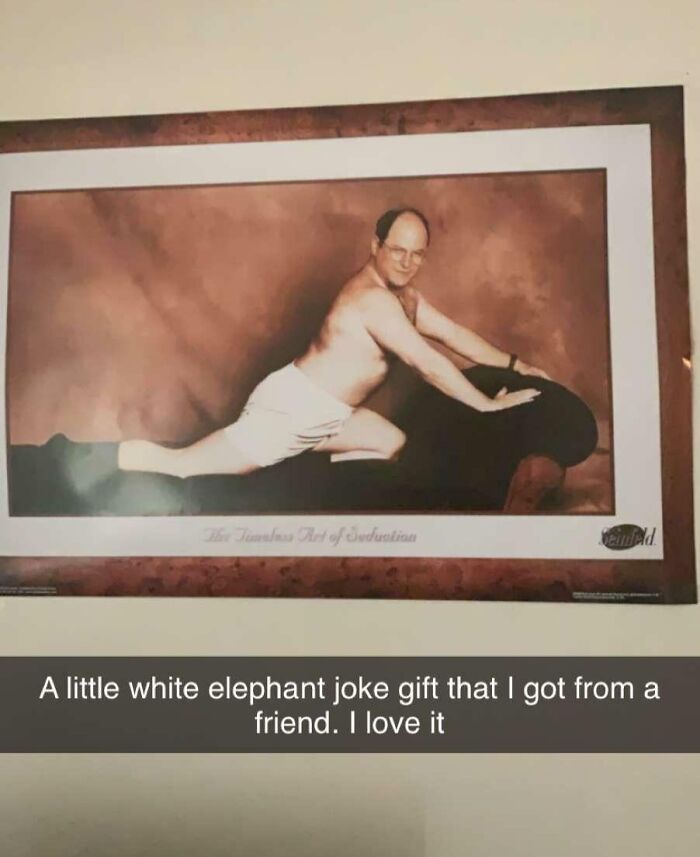 Framed funny poster received as a Christmas gift, perfect for hilarious trolling.