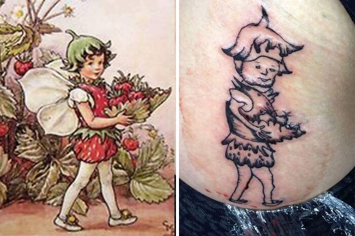 Failed tattoo attempt of a fairy carrying flowers, compared to original artwork.