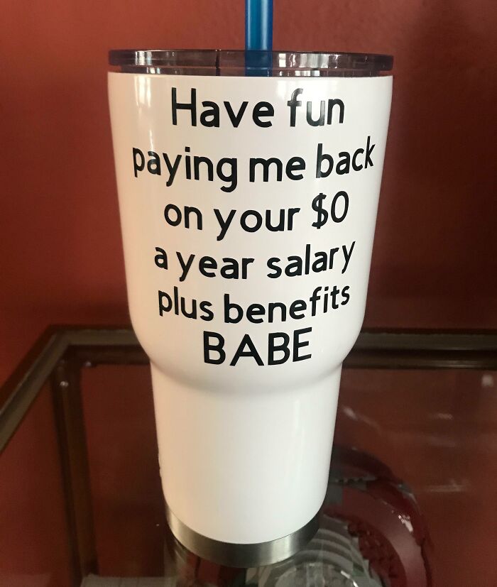 Tumbler with funny text about salary, perfect for trolling Christmas gifts.