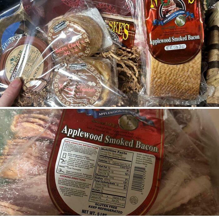 Assorted bacon-themed Christmas gift featuring applewood smoked bacon and cheese items for hilarious trolling.