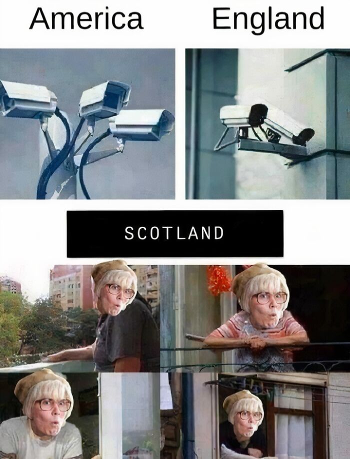 Funny comparison of security measures in America, England, and a humorous take with an elderly woman in Scotland.