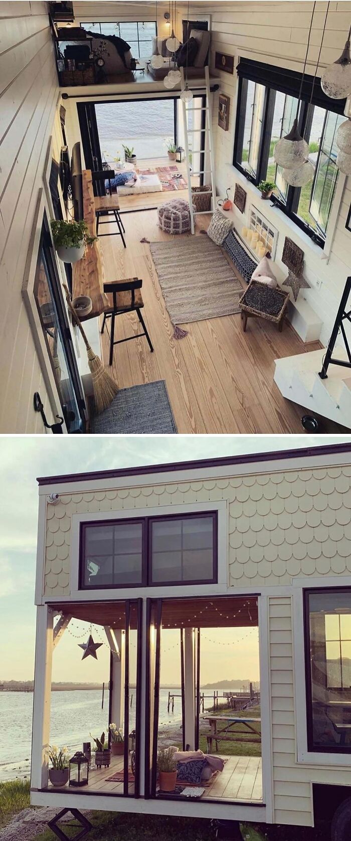 Charming tiny home interior and exterior with cozy decor and lakeside view.