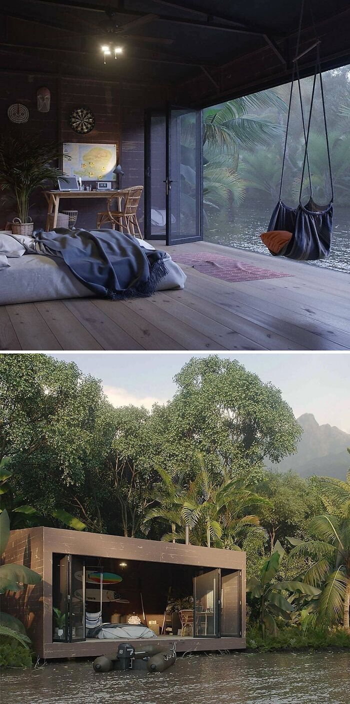 Tiny home with cozy interior, wooden deck, and lush tropical surroundings by a serene water body.