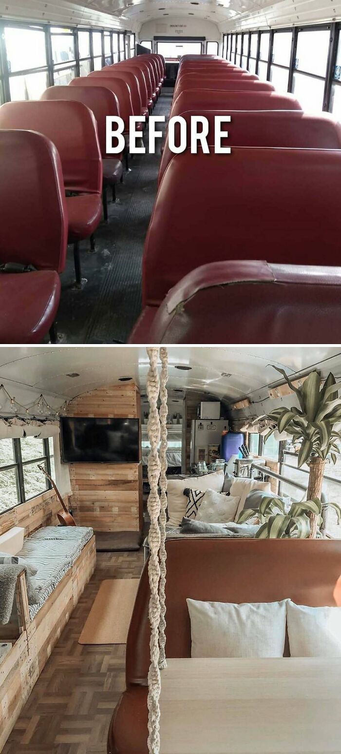 Before and after of a bus transformed into a cozy tiny home with wooden accents and plants.