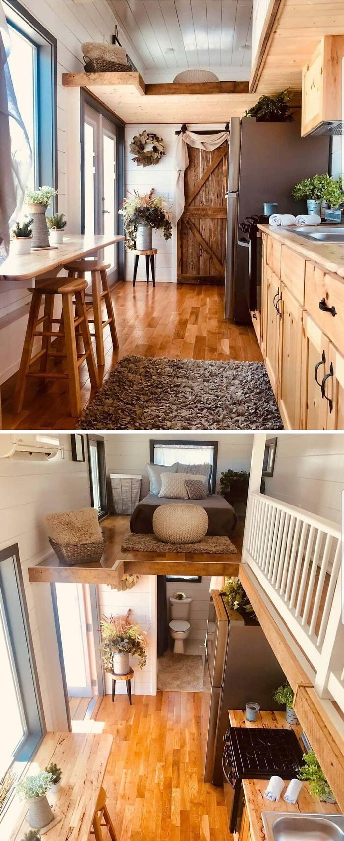 Interior of a dreamy tiny home with wooden floors, cozy decor, and plants.