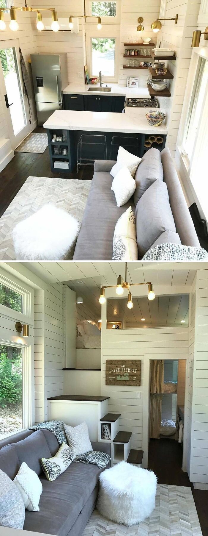 Modern interior of a tiny home with cozy seating, stylish kitchen, and lofted sleeping area.