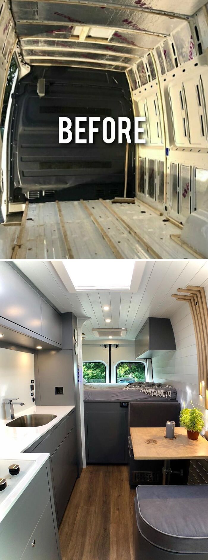 Before and after transformation of a tiny home on wheels, highlighting interior renovations.