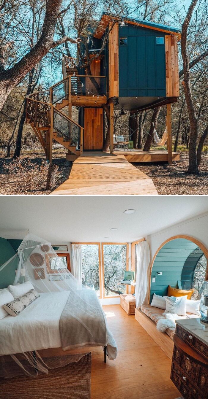 Dreamy tiny home with wooden exterior and cozy, modern interior nestled in a tranquil forest setting.