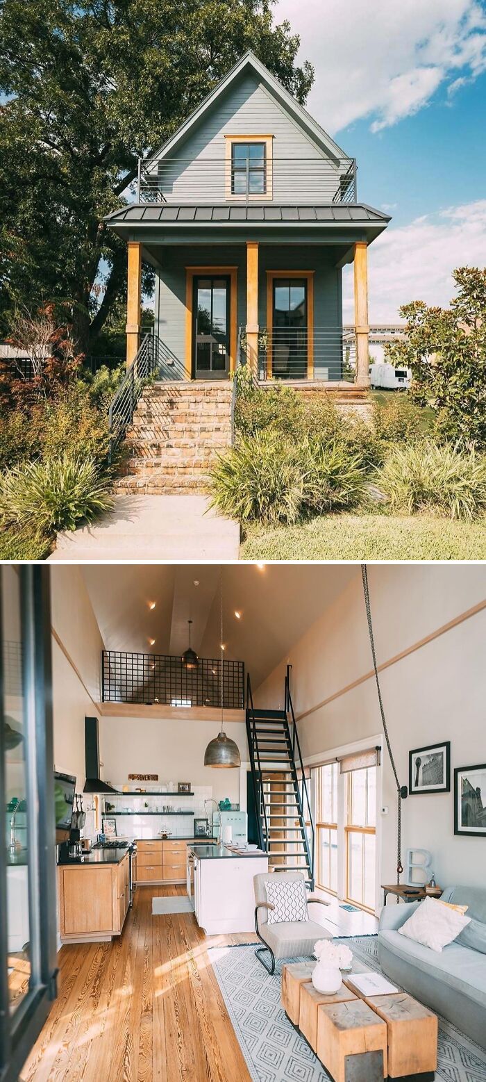 Cozy tiny home with modern interior, loft bedroom, and stylish kitchen, highlighting compact yet functional design.