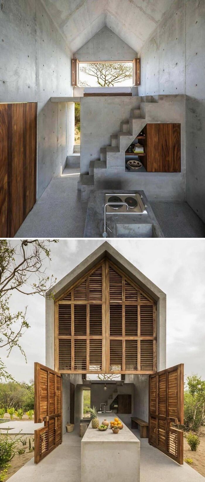 Stylish tiny home interior and exterior with minimalist concrete design and wooden accents.