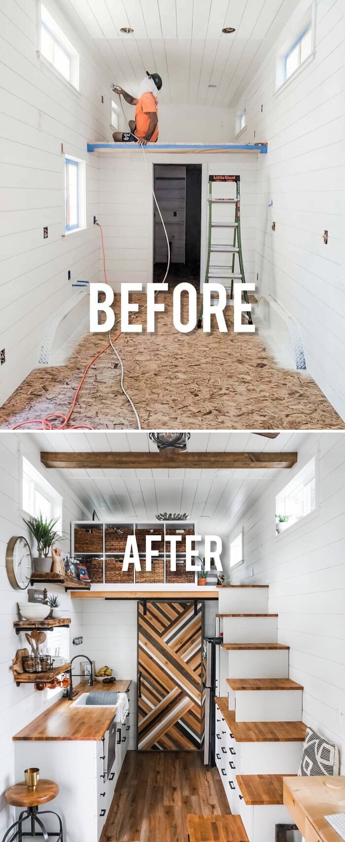 Tiny home transformation: before with bare walls, after with cozy kitchen and wooden accents.