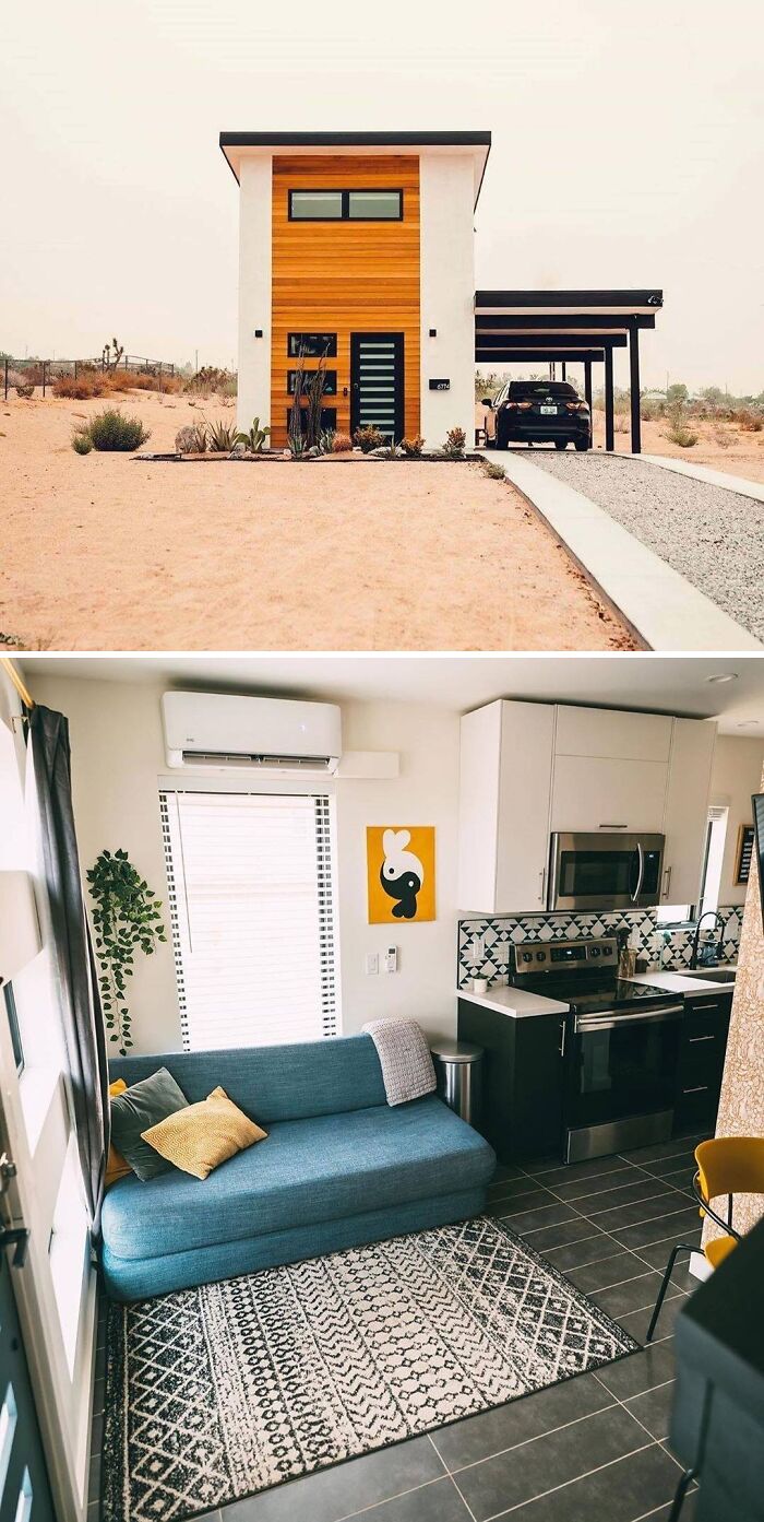Tiny home with wooden facade and modern interior, featuring a cozy living space and compact kitchen.