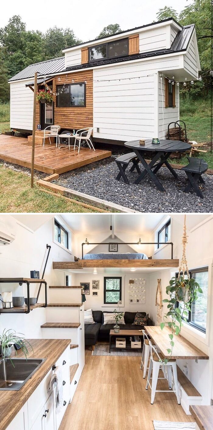 Modern tiny home exterior and stylish interior with lofted bed and cozy living area.