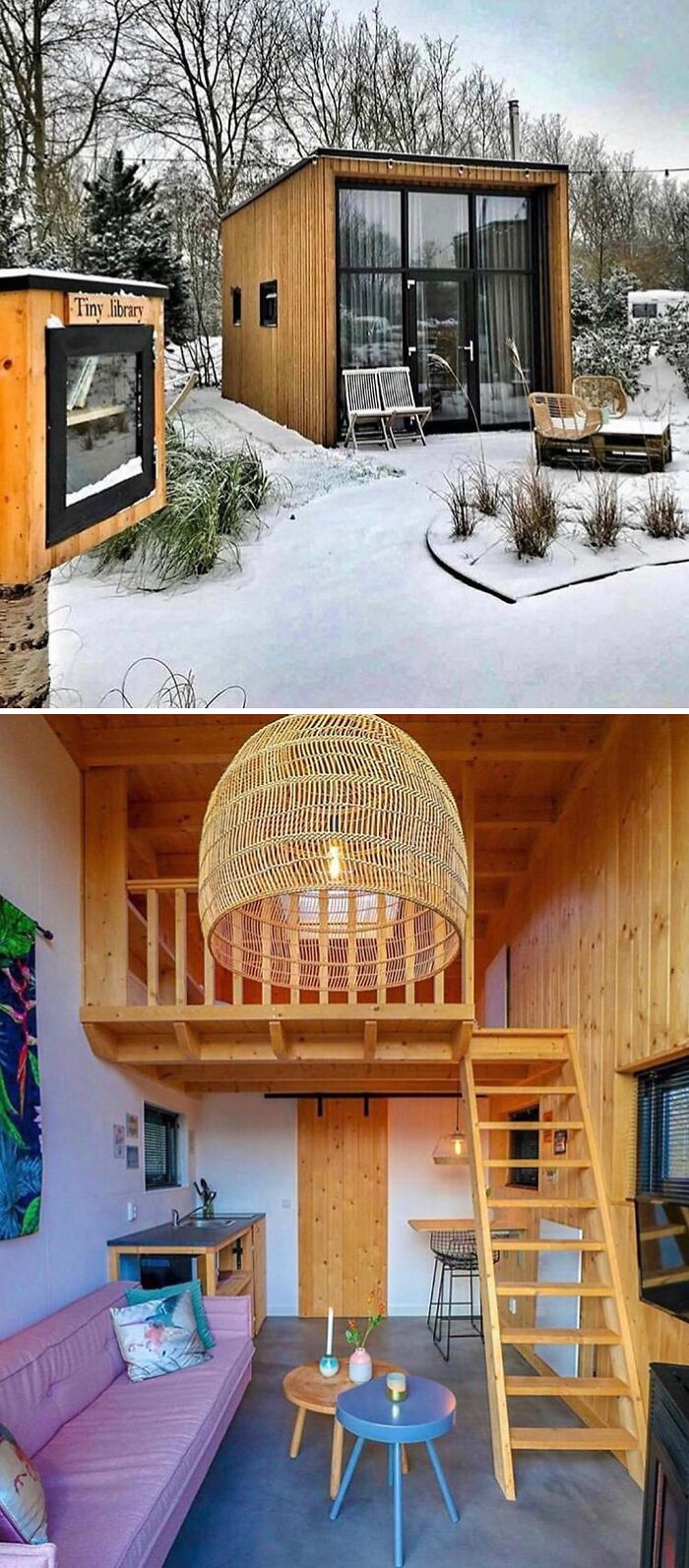 Tiny home exterior in snow, with a cozy interior featuring a loft and modern decor.