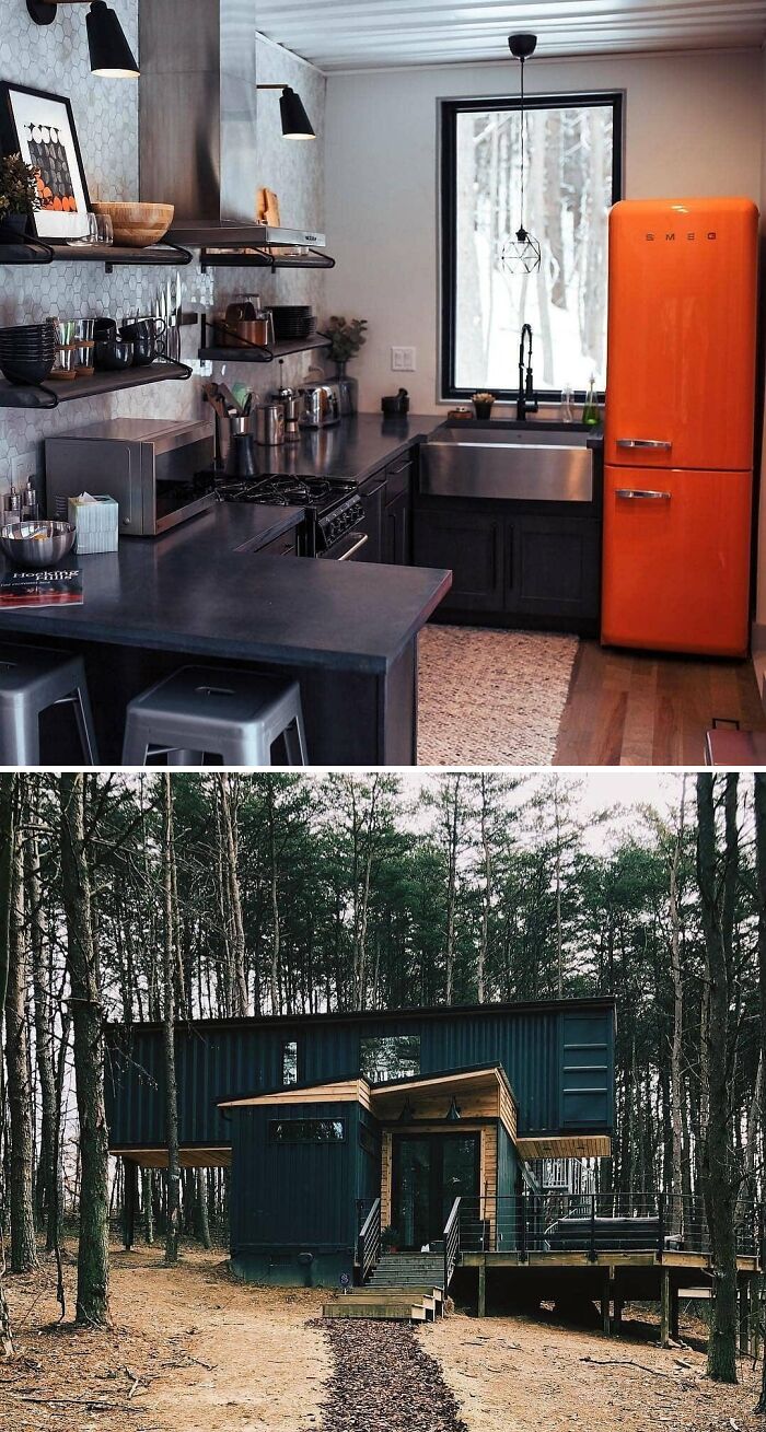 Modern tiny home kitchen interior with orange fridge and cozy forest cabin exterior among trees.