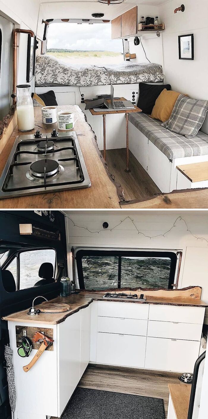 Cozy interior of a tiny home on wheels with kitchen and seating area.