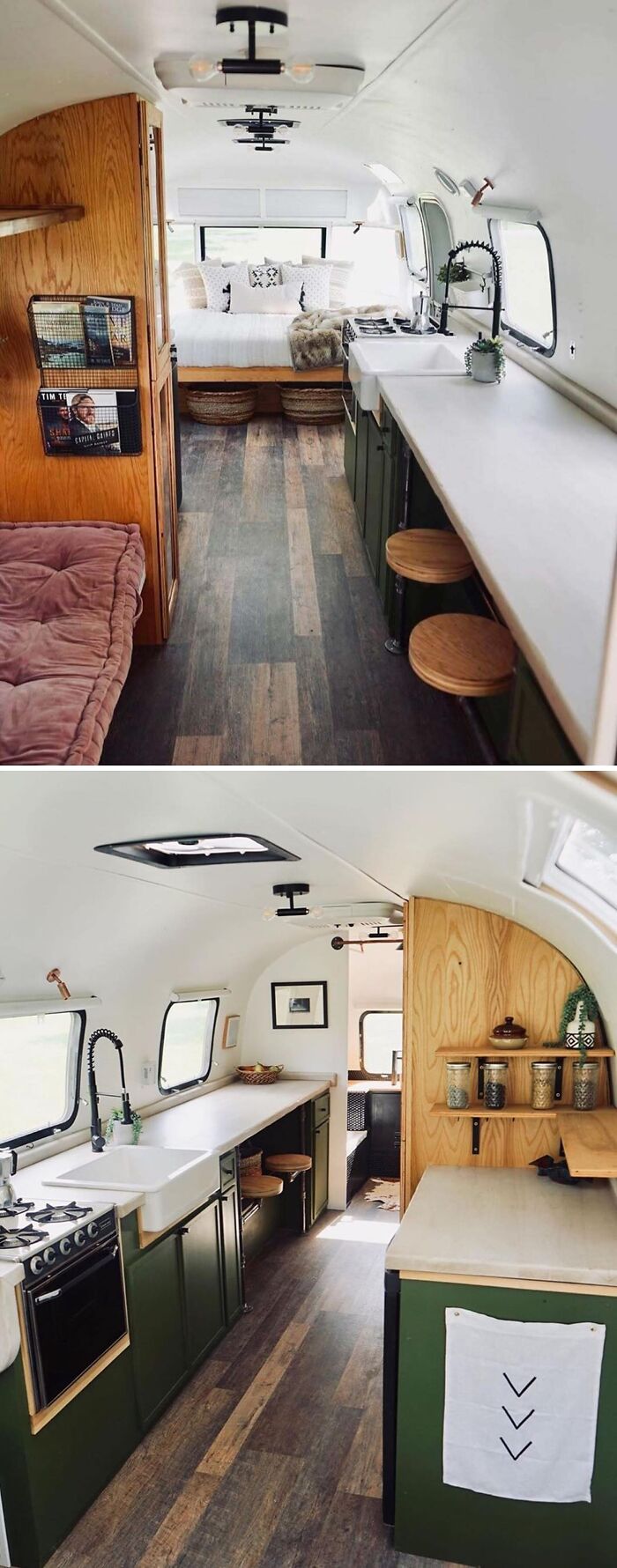Tiny home interior with kitchen, wooden floors, and cozy living area.