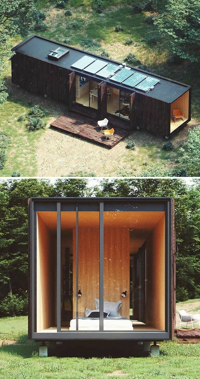 Modern tiny home with large windows set in a lush green landscape, featuring solar panels and a cozy interior.