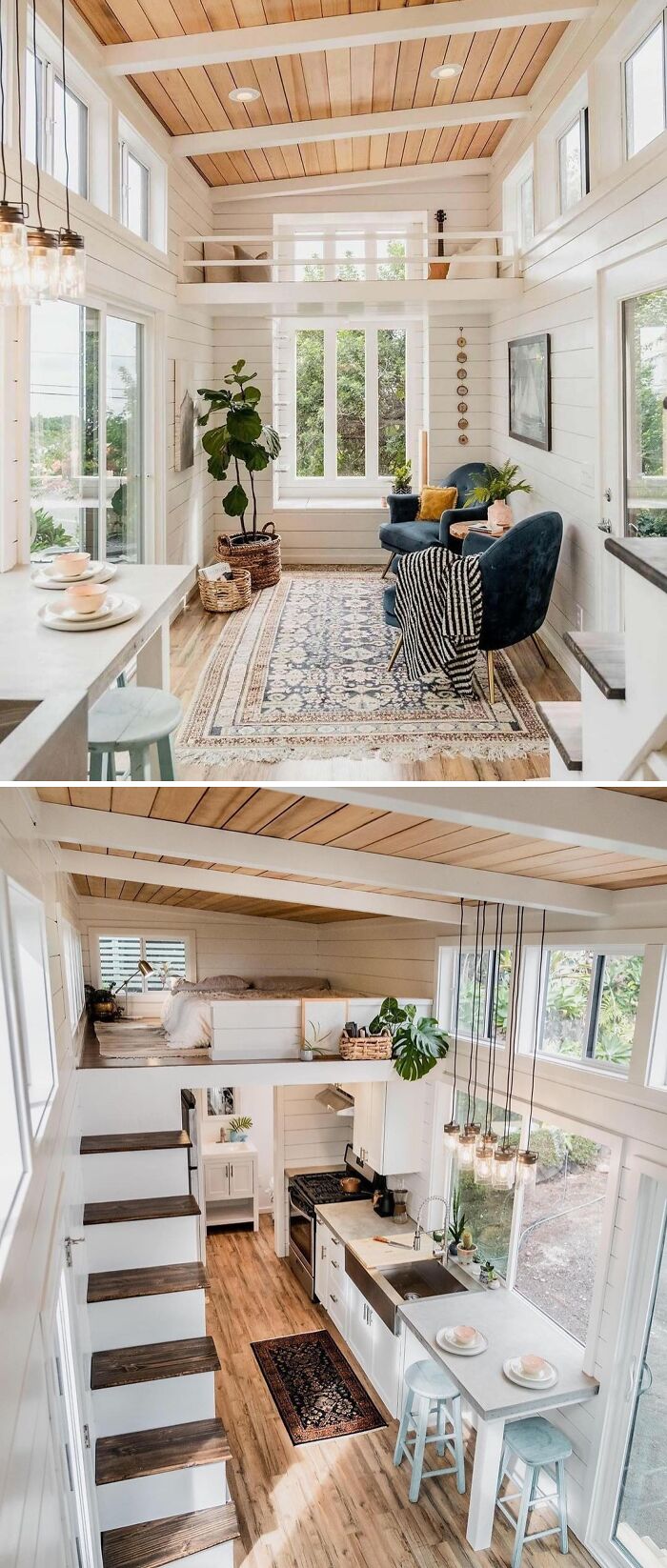 Interior of a dreamy tiny home with cozy living area, kitchen, and loft bedroom.
