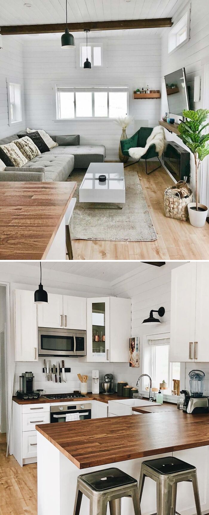 Cozy tiny home interior with modern kitchen and living area, featuring stylish decor and compact design.