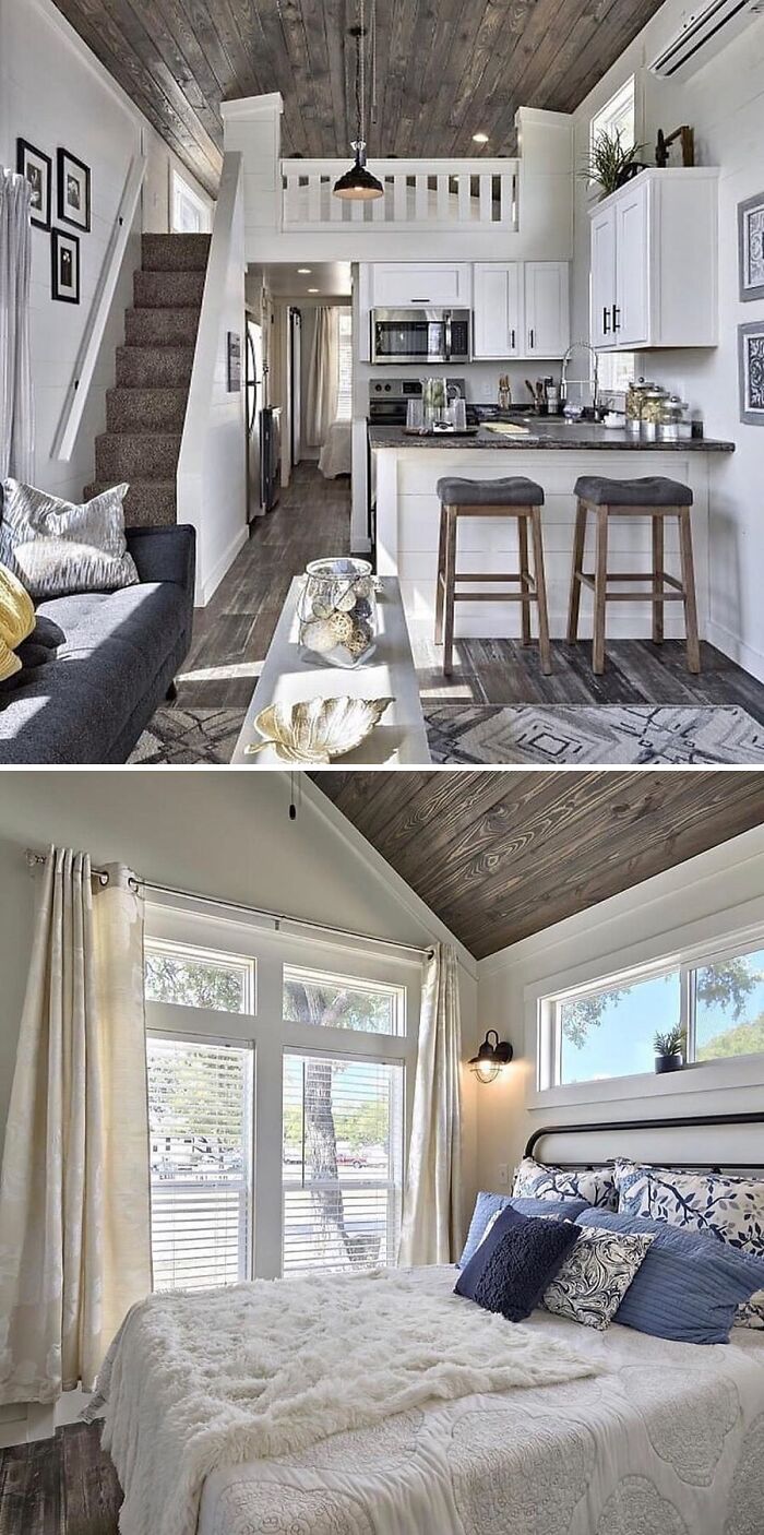 Modern tiny home interior with cozy living area and bright bedroom, showcasing stylish design and efficient space use.