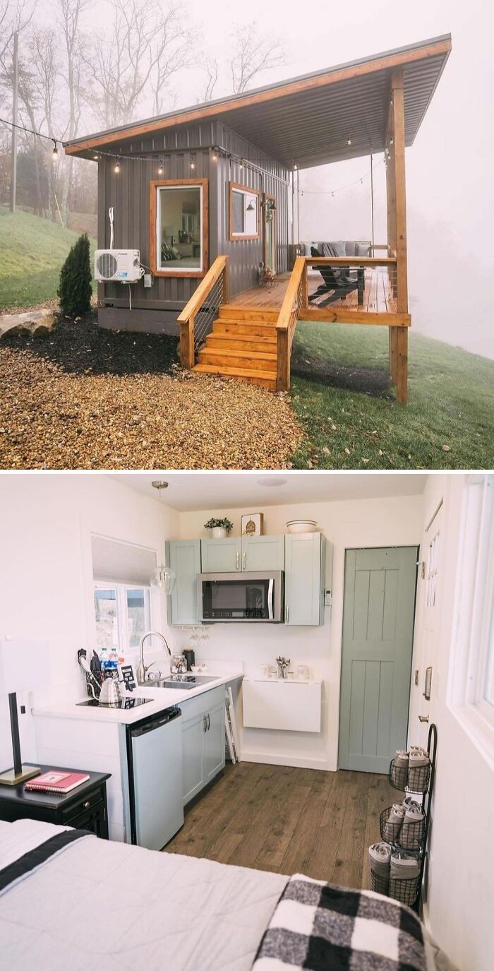 Tiny home with wooden deck in a misty setting; modern kitchen interior with pastel cabinets and cozy decor.