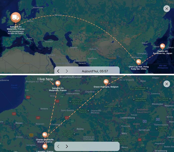 Map showing Christmas package tracking across multiple international locations, illustrating delivery delays.