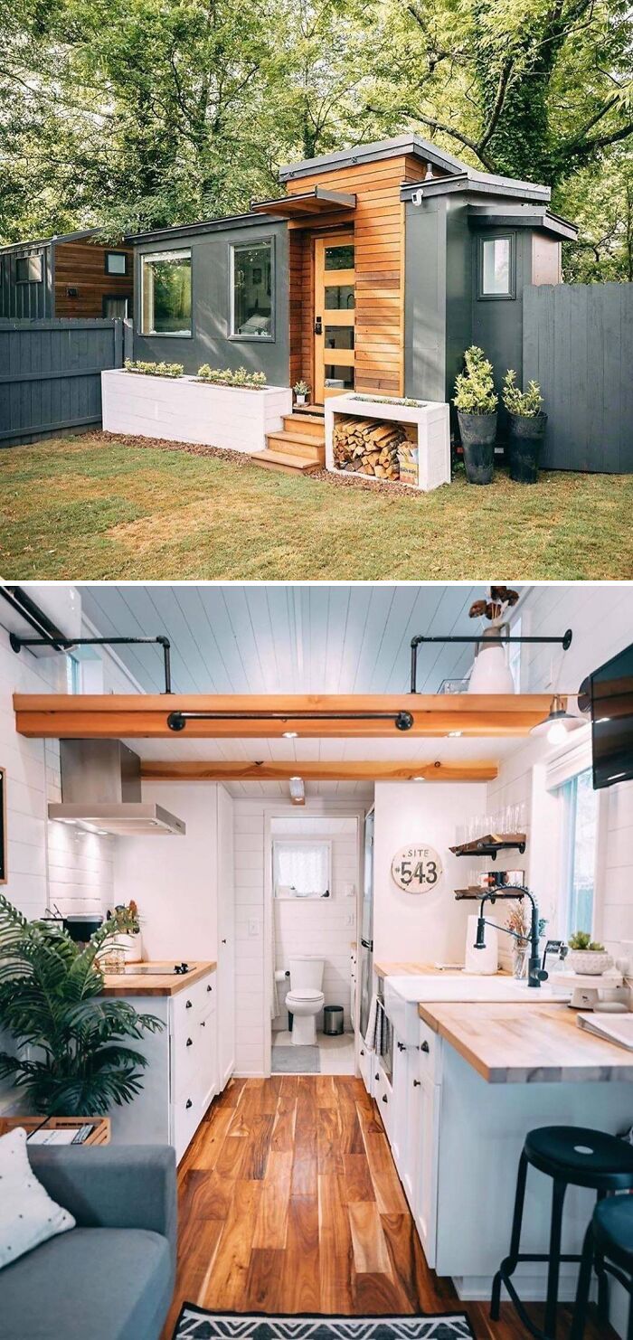 Modern tiny home exterior and interior with wood accents and cozy decor.
