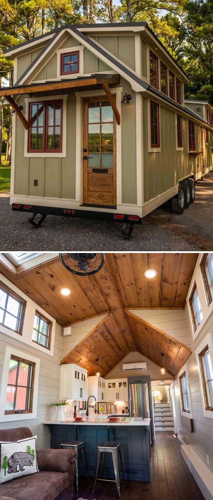 Tiny home exterior and cozy interior with wood accents and modern kitchen.