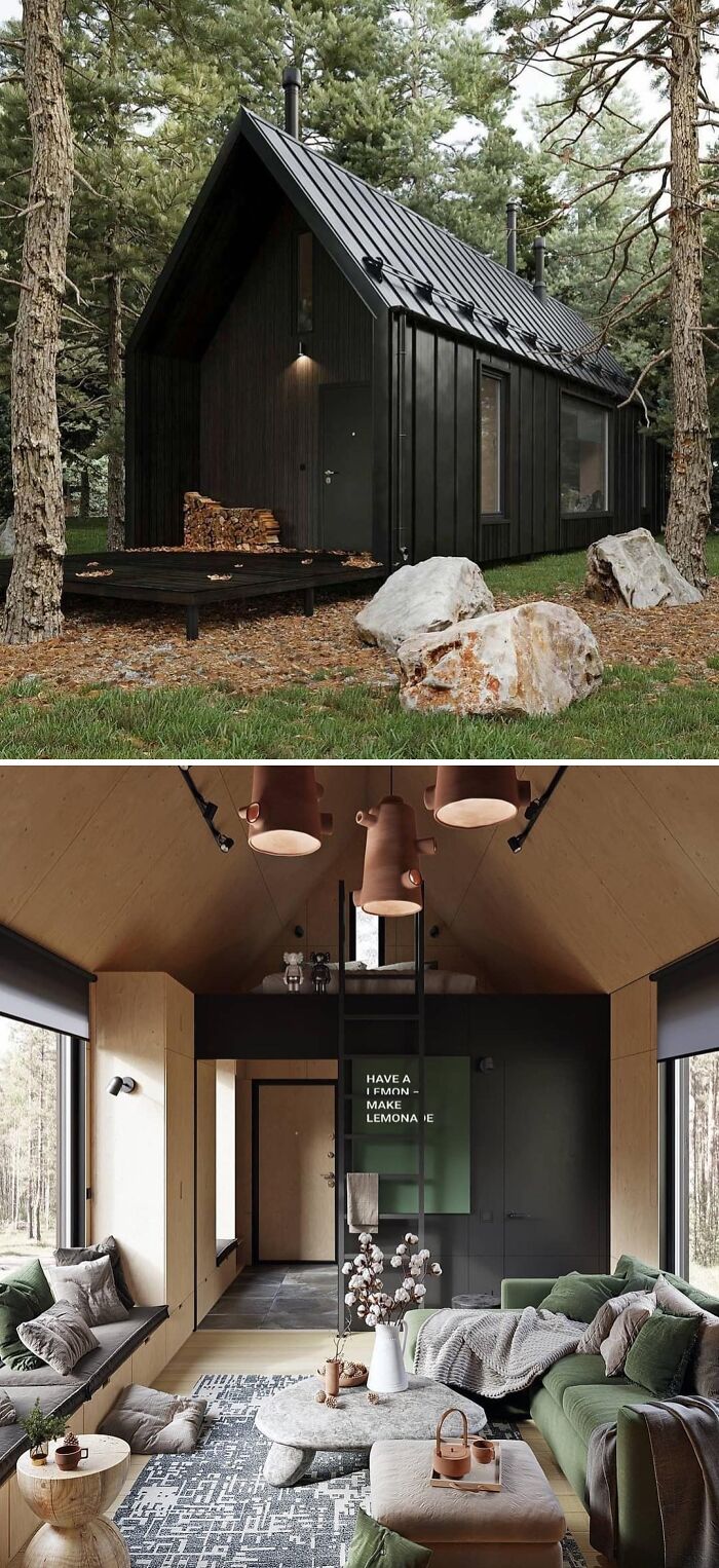 Tiny home in a forest setting, featuring a cozy modern interior with wooden decor and green accents.